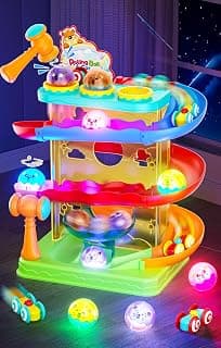 Hammer Rolling Ball, Launch and Race Car-Cause and Effect Sensory STEM Learning Toys for 1-5 Year Old Boys & Girls 2-in-1 Ball Drop & Car Ramp Race Track Montessori Toy for Toddlers Ages 1-5 B0FLDB14N8