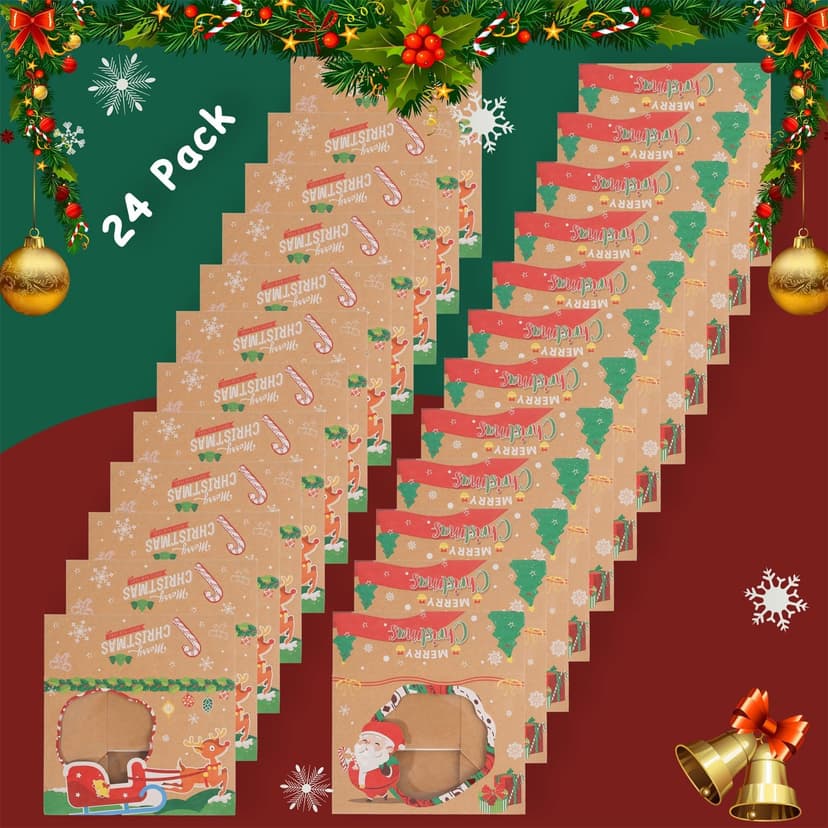 Festive Christmas Treat Boxes - 24 Pack, 8.25x6x2.75in, Brown, Rectangular, Flip Top Lids, Durable & Reusable, Perfect for Baked Goods & Gifts