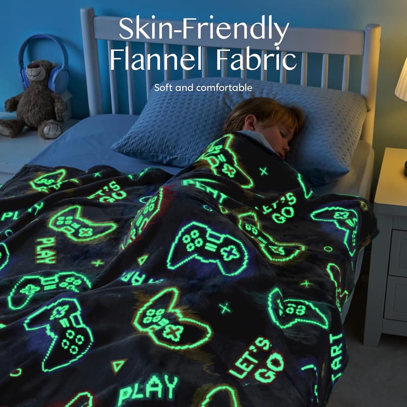 Joiedomi Glow in The Dark Gaming Blanket Gamer Gifts for Boys Age 2 3 4 5 6 7 8 9 10 11 12 Year Old, Soft Cozy Flannel Kids Throw Blanket, Birthday Bedroom Decor Grey 50"×60"