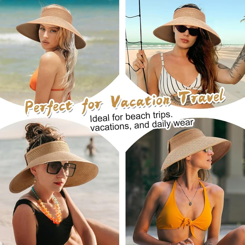 Rosoz Women's Sun Visor Hats Wide Brim Straw Beach Hat Ponytail Hats for Women Foldable Floppy