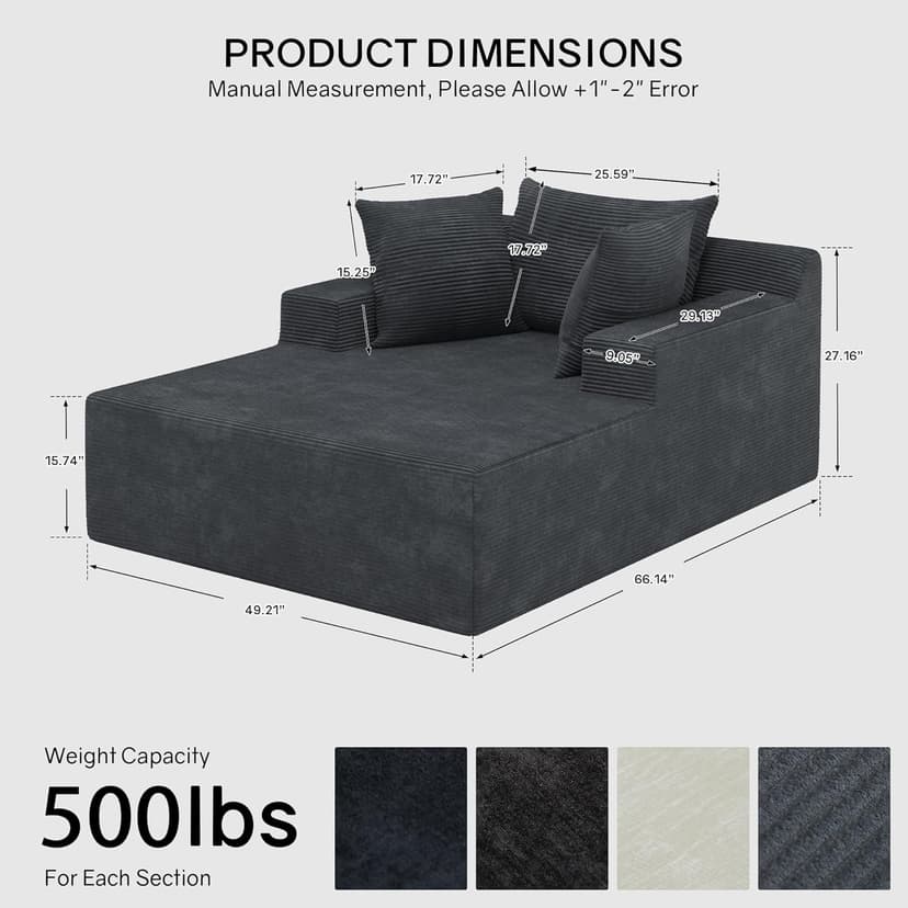 66" Chaise Lounge Chair Indoor, Oversized Boneless Lounge Chair with 3 Pillows, Corduroy Cloud Reading Chair for Living Room Bedroom, Deep Seat Sleeper Couch, No Assembly Required