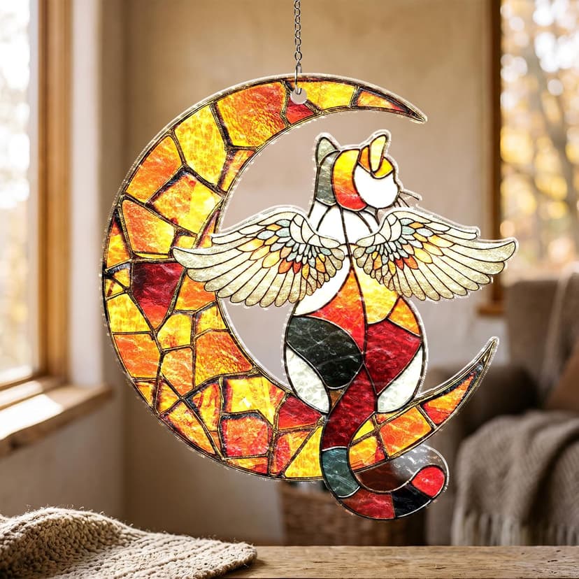 Wavy acrylic suncatcher featuring winged cat moon artwork, designed as a window hanging ornament for home décor and spaces Cat Suncatcher, Pet Memorial Gifts, Window Hanging Ornament 3 (6 Inches) B0HFW19G7L