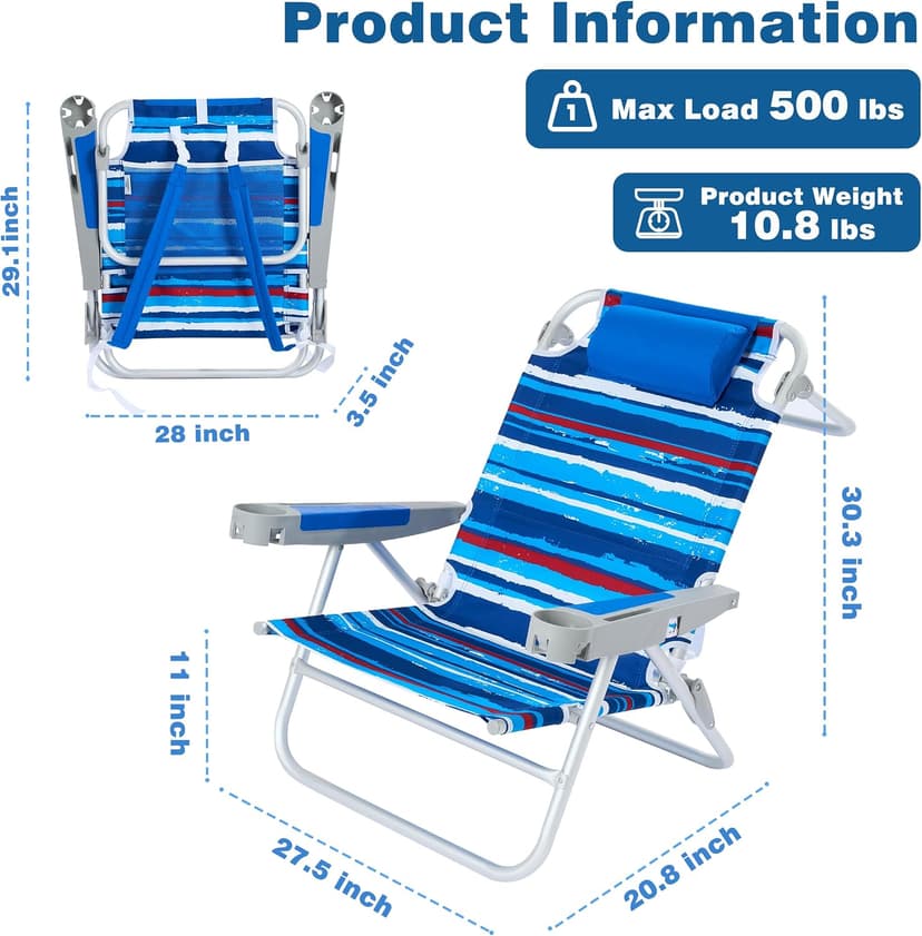 SUNNYFEEL Extra Wide Low Beach Chair 5 Position Lay Flat 500 LBS Heavy Duty, XL Oversized Portable Folding Camping Chairs with Cup Holder for Outdoor/Trip, Lightweight Backpack Beach Chair for Adults
