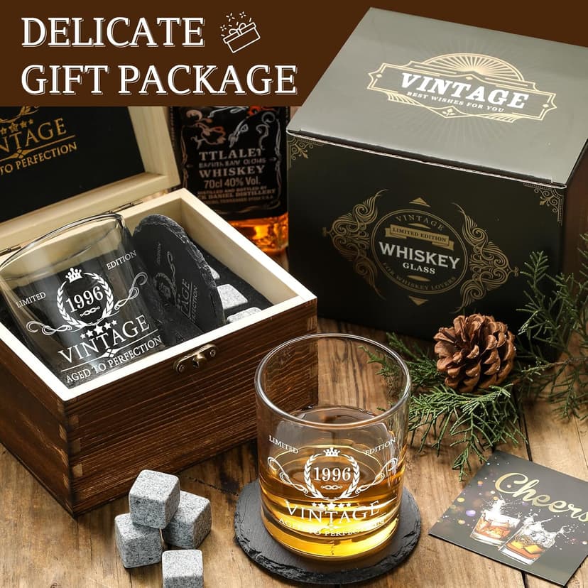 30th Birthday Gifts for Men Whiskey Glass Set - 30th Birthday Decorations, Party Supplies - 30 Year Anniversary, Bday Gifts Ideas for Him, Dad, Husband, Friends - Wood Box & Whiskey Stones & Coaster B0BJCWJDC4