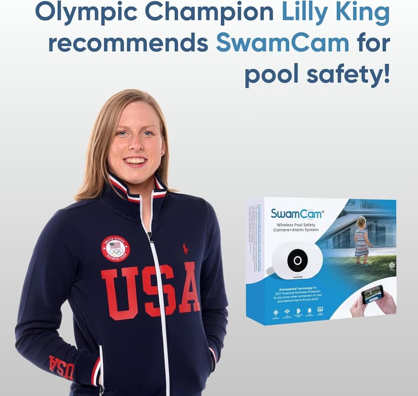 SwamCam Pool Alarm Wi-Fi Camera System – ASTM F2208 Certified – Smart Pool Safety for In-ground & Above-Ground Pools – Real-Time Alerts, Live View, Built-in Wi-Fi Repeater