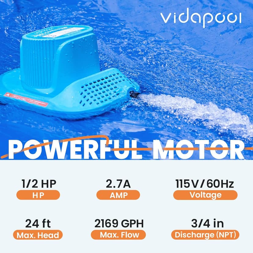 1/2 HP Pool Cover Pump Automatic On Off, Submersible Sump Pump Inground/Above Ground, 2169 GPH Water Removal Pump with 25 Feet Power Cord for Swimming Pool, Pond, Basement, Window Well