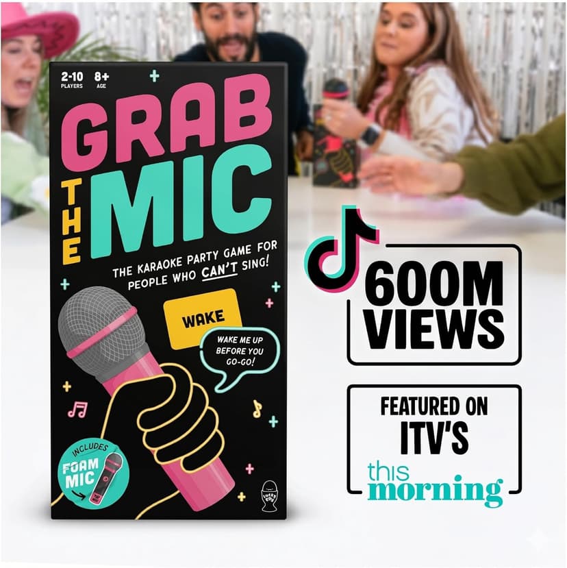 Lucky Egg Official Grab The Mic – Family Karaoke Board Game w/Foam Mic, 8+ Ages, 2-10 Players - Games for Bad Singers w/ 230 Lyrics (115 Cards)