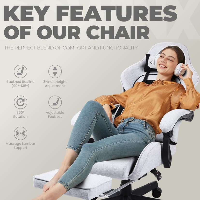 Dowinx Gaming Chair Fabric with Pocket Spring Cushion, Massage Game Chair Cloth with Headrest, Ergonomic Computer Chair with Footrest 290LBS, Black and Grey