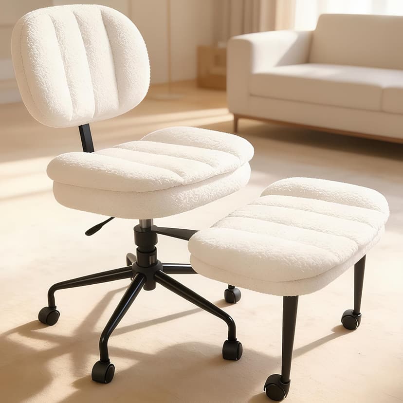 Criss Cross Chair with Footrest, 360° Swivel Faux Shearling Office Chair, Extra Wide Seat with Sofa-Like Comfort, Ergonomic Cross Legged Desk Chair for Cozy Reading, Meditation