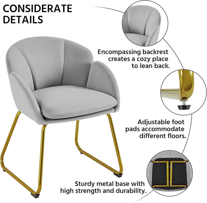 Yaheetech Flower Shape Velvet Vanity Chair, Modern Side Chair Armchair with Golden Metal Legs for Living Room/Dressing Room/Bedroom/Home Office/Kitchen, Gray