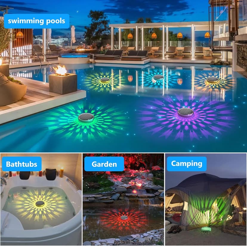 Solar Rechargeable Floating Pool Lights(2 Pack), Pool Lights That Float with Remote Control, 9 Lighting, Timing Mode, IPX7 Waterproof for Inground Pool, Bathroom, Bathtub, Pool Party