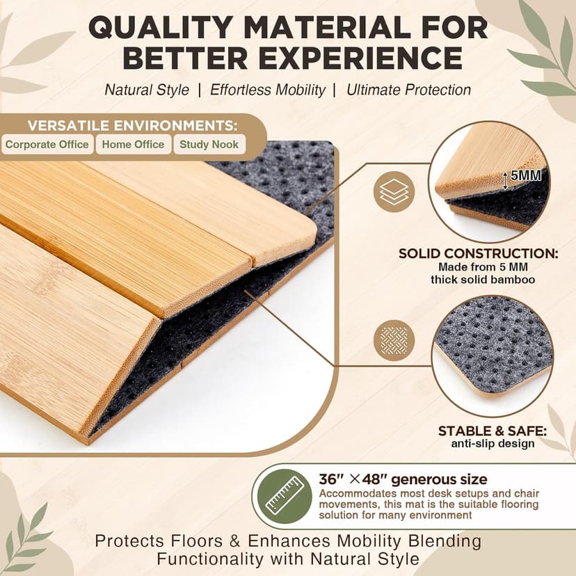 Leinuosen 36" x 48" Office Bamboo Chairmat for Carpet Floor Mat Highly Premium Quality Anti-Slip Office & Home Floor Protector Low Pile Carpet Chair Mat, 5mm Thick(Without Lip,Wood)