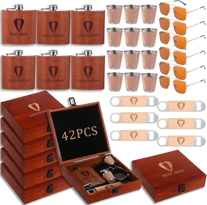 Complete Proposal Gift Set, Box, Flasks, Sunglasses, Funnel, Bottle Opener, Wooden Cups, Bachelor Party Favor 42 Pcs Groomsmen Gifts Set of 6 Wedding Best Man Gift, Brown B0G6ZNR6MC