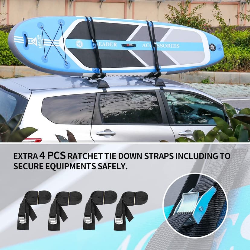Leader Accessories Folding Kayak Rack 4 PCS/Set J Bar Car Roof Rack for Canoe Surf Board SUP On Roof Top Mount on SUV, Car and Truck Crossbar with 4 pcs Tie Down Straps