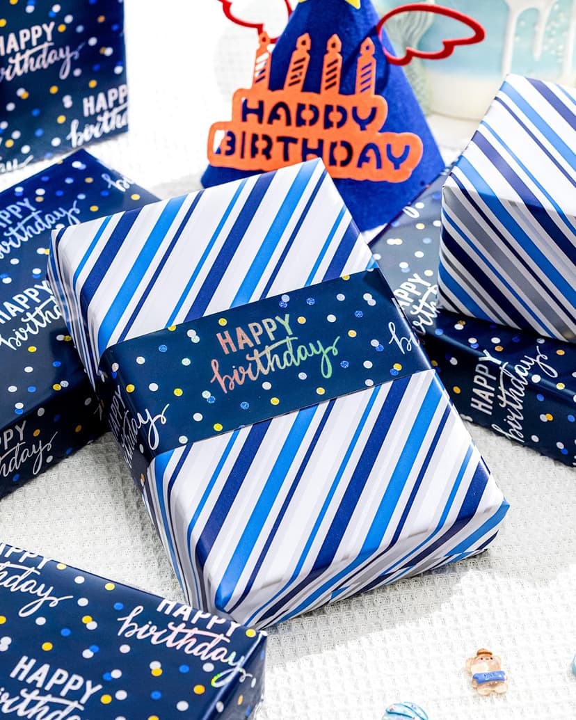 MAYPLUSS Birthday Wrapping Paper Roll, Blue Metallic Holographic Happy Birthday Wrapping Paper Featuring Revesible Stripe Gift Wrap Paper for Boys Kids Girls Men, 17 Inches x 33 Feet B0FX9W1LZD