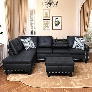Trygoal Leather 3-Piece L-Shaped Couches for Living Room, Sectional Sofa with Storage Ottoman & Movable Chaise, Modular Convertible Couch for Bedroom & Apartment, Deep Black