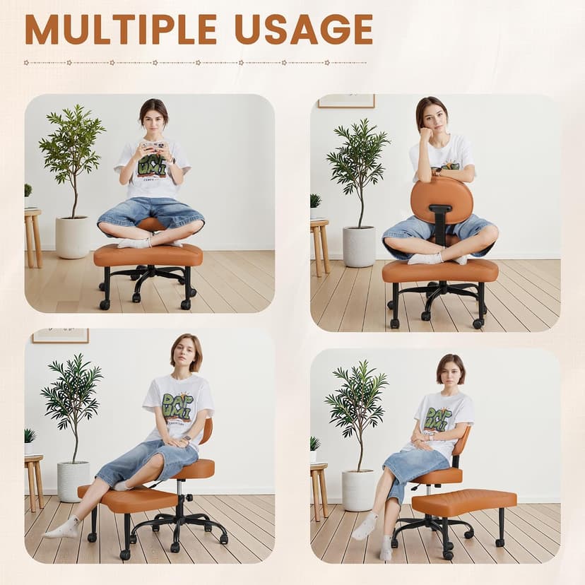 Shahoo Ergonomic Cross Legged Office Chair with Wheels - Adjustable Height Kneeling Meditation Chairs for ADHD, Yoga & Desk Work - Wide Criss Cross Seat with Lumbar Support, (Faux PU,Brown)