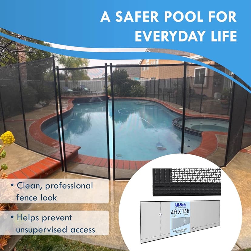 Pool Fence Replacement Mesh Fabric – 4'x15' Black Mesh for Pool Fence Repair, DIY & Cut-to-Fit | Compatible with Most Pool Fencing Poles | Replacement Parts, Safety Fence, No Poles