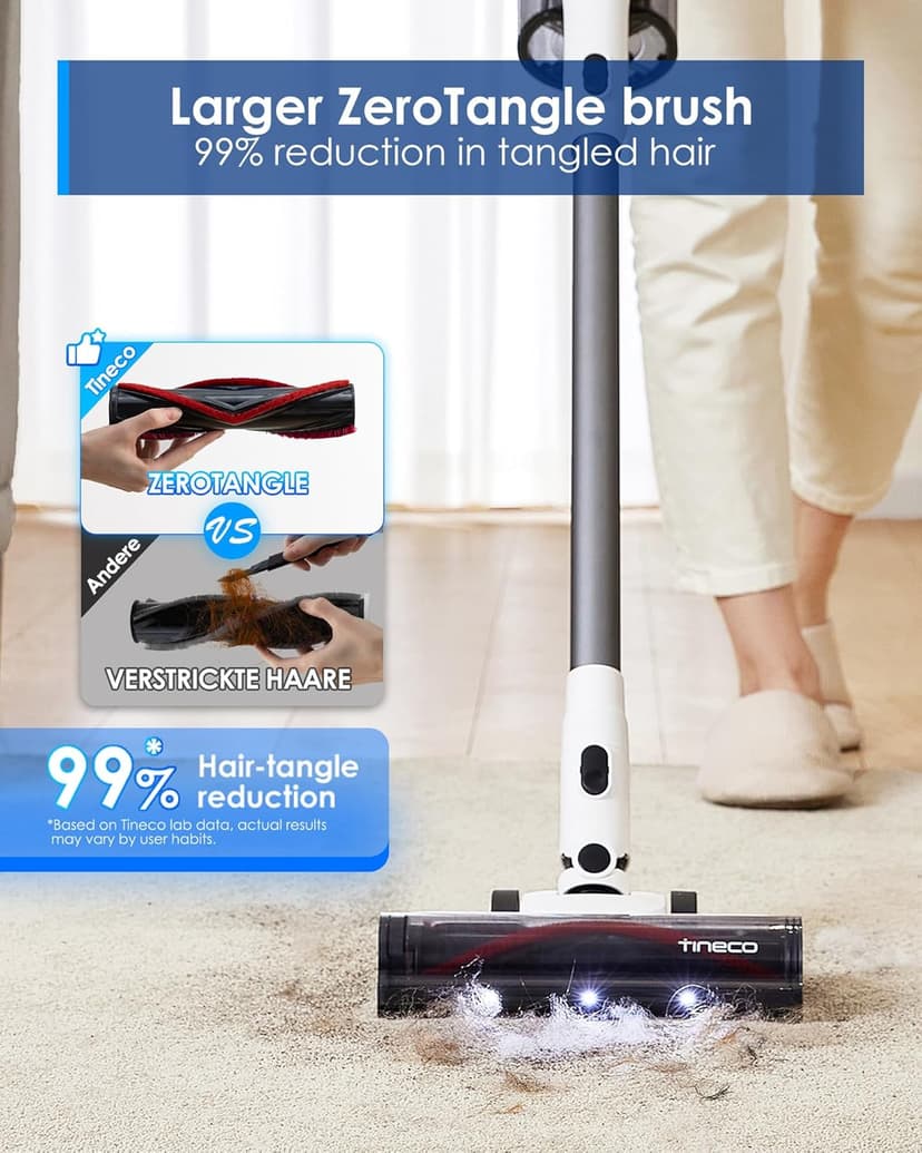 Tineco A30S Cordless Stick Vacuum Cleaner, 160W Suction, 60Min Runtime, 1L Larger Dustbin, ZeroTangle Brush, PureCyclone Tech, LED Headlight, White