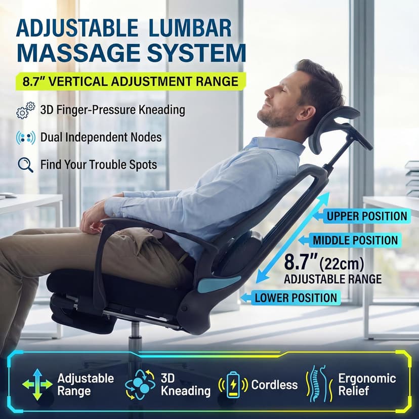 Ergonomic Office Chair with Footrest & Adjustable Lumbar Massager, High Back,Big and Tall,Desk Chair with 5D Headrest, Reclining Swivel Rolling Mesh Chair for Home Office, 400LBS (Black)