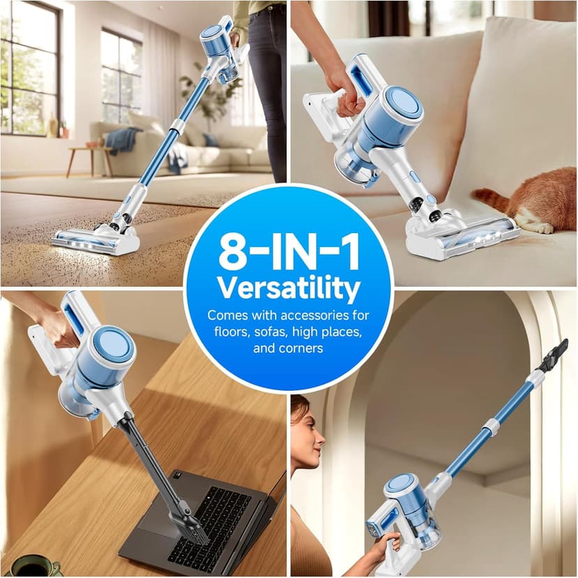 BSNAW Cordless Vacuum Cleaner for Home - Lightweight, Stick Vacuum Clean with Rechargeable Battery, Max 45Mins Runtime, 8 in 1 Handheld Vacuum for Hardfloor & Carpets Pet Hair, Blue&White
