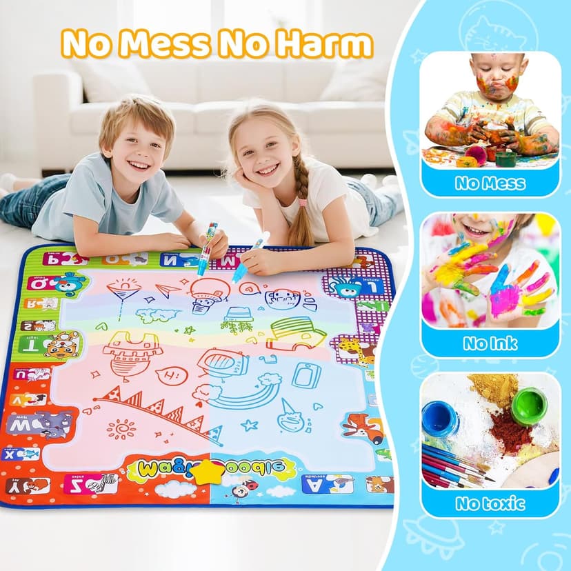 KIZZYEA Toys for 2 3 4 5 Years Old Boys Girls, Water Doodle Mat for Kids, Large Coloring Painting Writing Mat with Neon Colors, Educational Toys Christmas Birthday Gifts for Age 2-4, 3-5 Toddlers