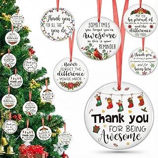 Barydat 12 Pcs Christmas Ornaments Employee Appreciation Gifts Bulk for Coworkers, Christmas Tree Ceramic Plaque Hanging Ornaments with Rope for Xmas Thanksgiving Teachers Nurses Gifts (Classic)