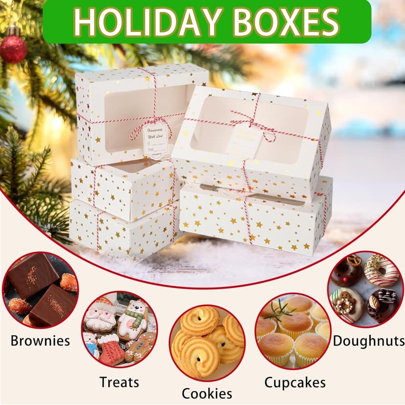 Zzrywuty 24 PCS Christmas Cookie Boxes for Gift Giving Golden Star White Bakery Boxes with Window,Christmas Treat Boxes for Pastry Dessert Cupcakes Mini Cake Pie Candy Donut,Baking Goods Packing Box