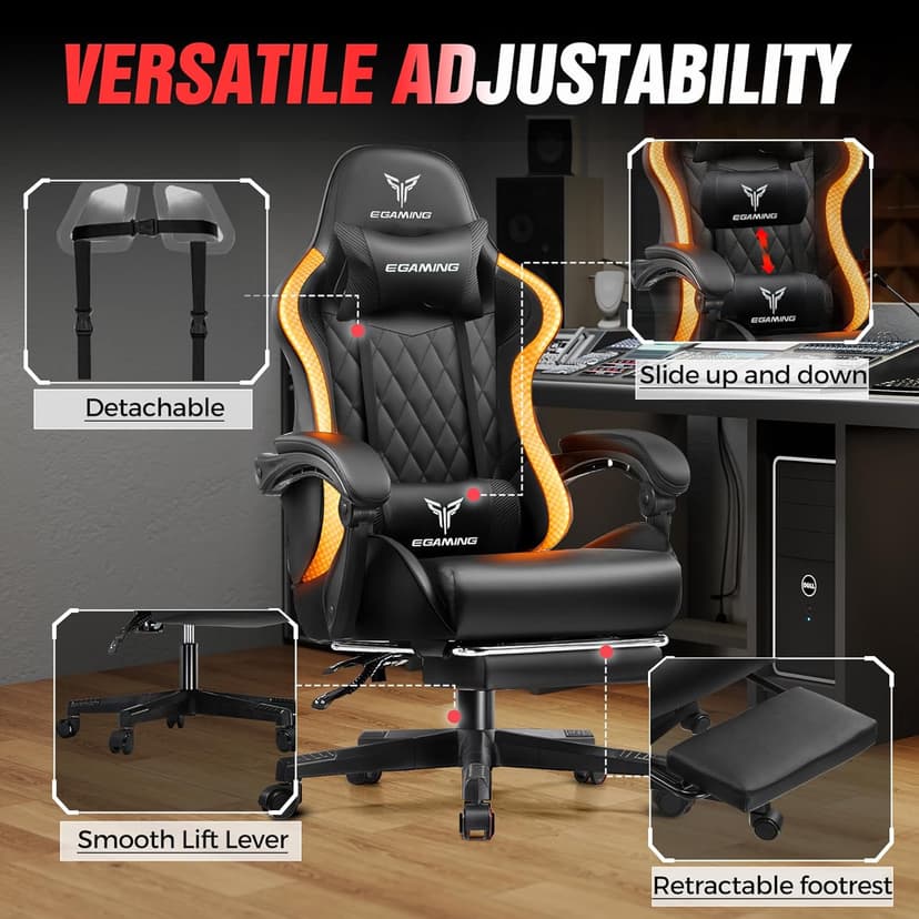 EXRACING Gaming Chair with Footrest Ergonomic High-Back PU Leather Computer Chair with RGB LED Lights Linkage Armrests Lumbar Support and Headrest 150°Reclining Diamond Quilted Office Chair for Adults