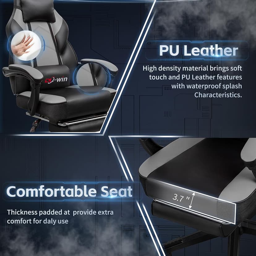 DL-win Gaming Chairs for Adults, Computer Chair with Footrest and High Back, Big and Tall Gamer Chair's with Massage Lumbar Support, 360° Swivel Height Adjustable Gaming Chair, Grey