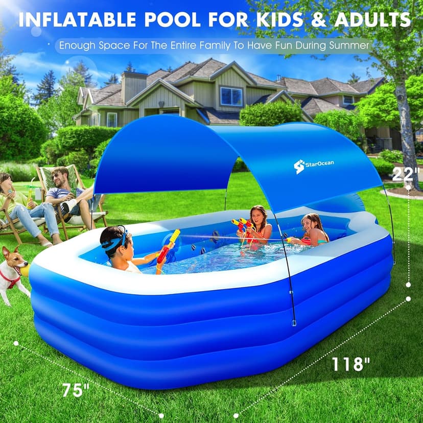 Inflatable Pool with Canopy, Large Inflatable Swimming Pool for Kids,Adult, Blow Up Pools with Seats,Backrest.Durable Thickened Inflatable Family Pools for Backyard,118"x75"x22"-Dark Blue