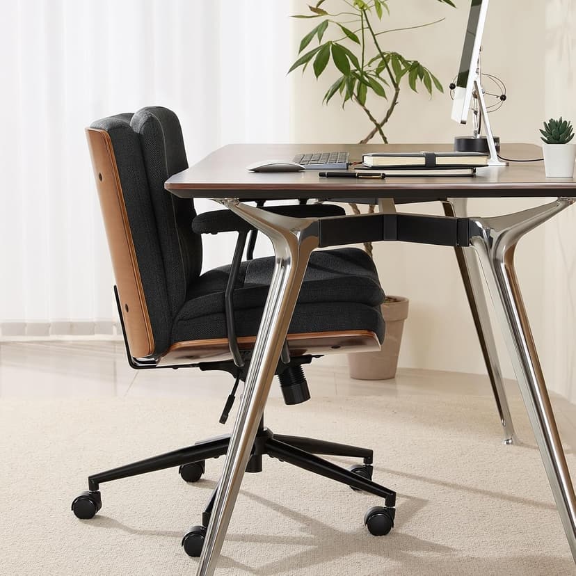 Home Office Desk Chair with Armrests & Wheels, Modern Walnut Swivel Rolling Executive Task Chair, Height Adjustable Ergonomic Computer Chair, Black Fabric