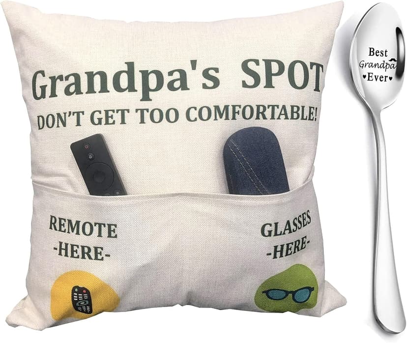 Grandpa Gifts,2-Pocket Grandpa’s Spot Throw Pillow Covers 18x18 Inch + Engraved Spoon, Fathers Day Birthday Christmas Thanksgiving Day Gifts for Papa, Granddad