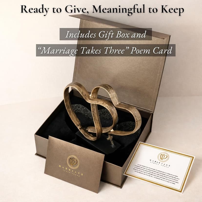 Wedding Anniversary Couples Gift - Two Hearts and Cross Iron Sculpture, Heart Decoration Gift for Her and Him, 1st to 50th or 60th Anniversary, Includes Present Box and Poem Card