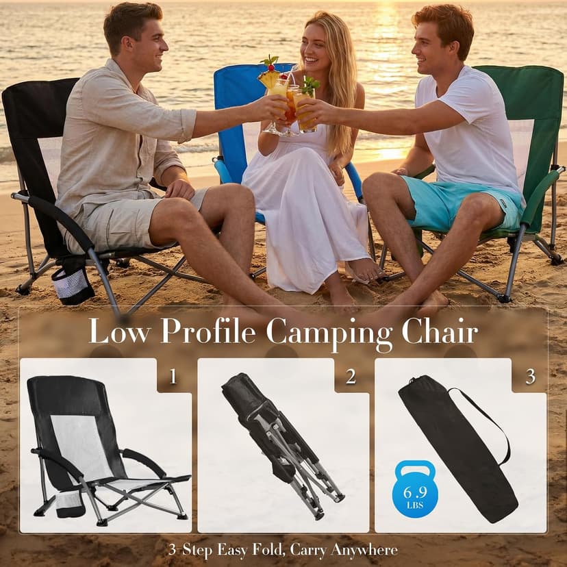 DUMOS Low Camping Beach Chair, Lightweight Folding Portable Beach Chair with Cup Holder, Storage Pocket, Breeze Mesh Back, Padded Armrests, Low Profile Chair for Camp, Picnic, Lawn, Sand, Black