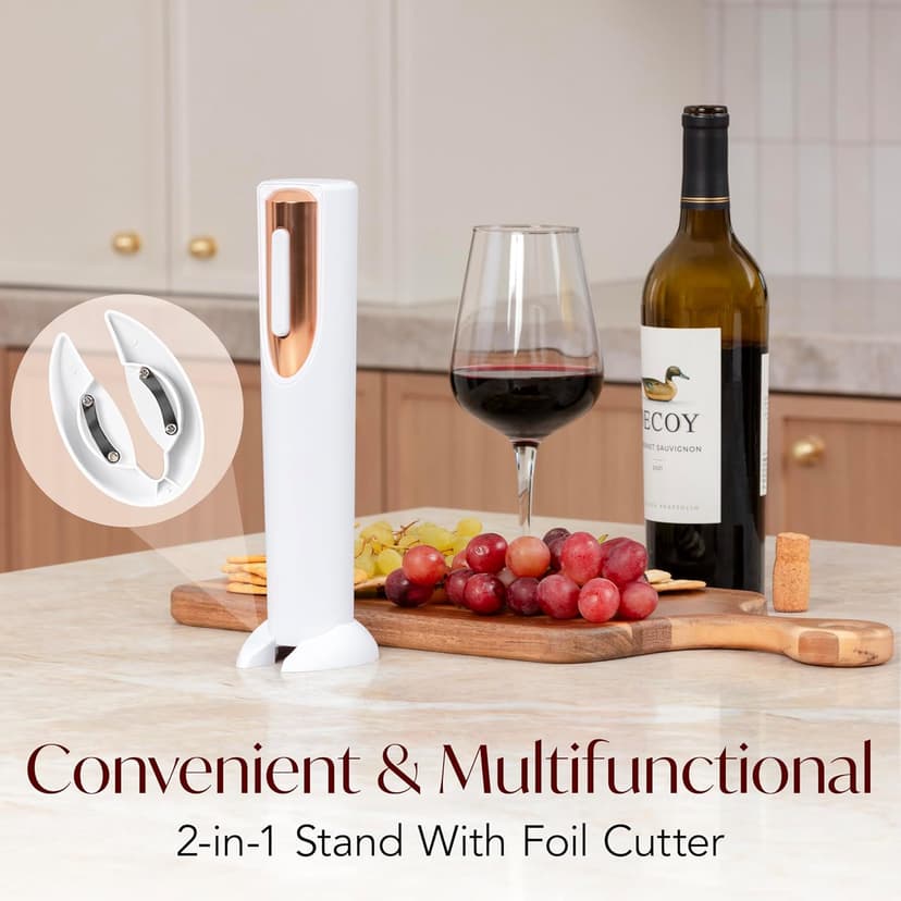 Electric Wine Opener Battery Operated with Stand and Built-in Foil Cutter - Automatic Wine Opener - Electric Corkscrew for Easy Cork Removal - Best Gift for Wine Lover (White & Rose Gold)