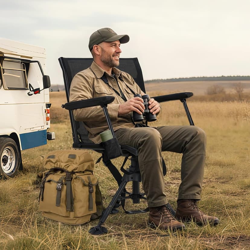 HUNTSEN 360° Silent Swivel Hunting Chair for Blinds - Stable Portable Ground Blind Chair Adjustable 4 Legs & Seat Height Folding Outdoor Fishing Seat with Anti-Sink Feet Armrest - Supports 330lbs