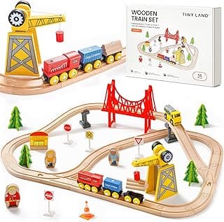 Tiny Land 55PCS Wooden Train Set - Compatible with Major Brand Tracks, Educational Toy for Toddlers & Kids Ages 3-7, Durable Wooden Railway Tracks