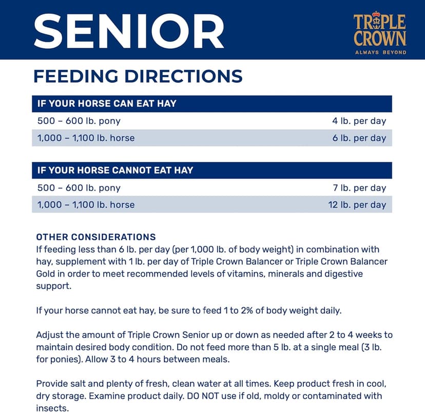 Triple Crown Senior Horse Feed, High Fat and High Fiber, 50 lbs