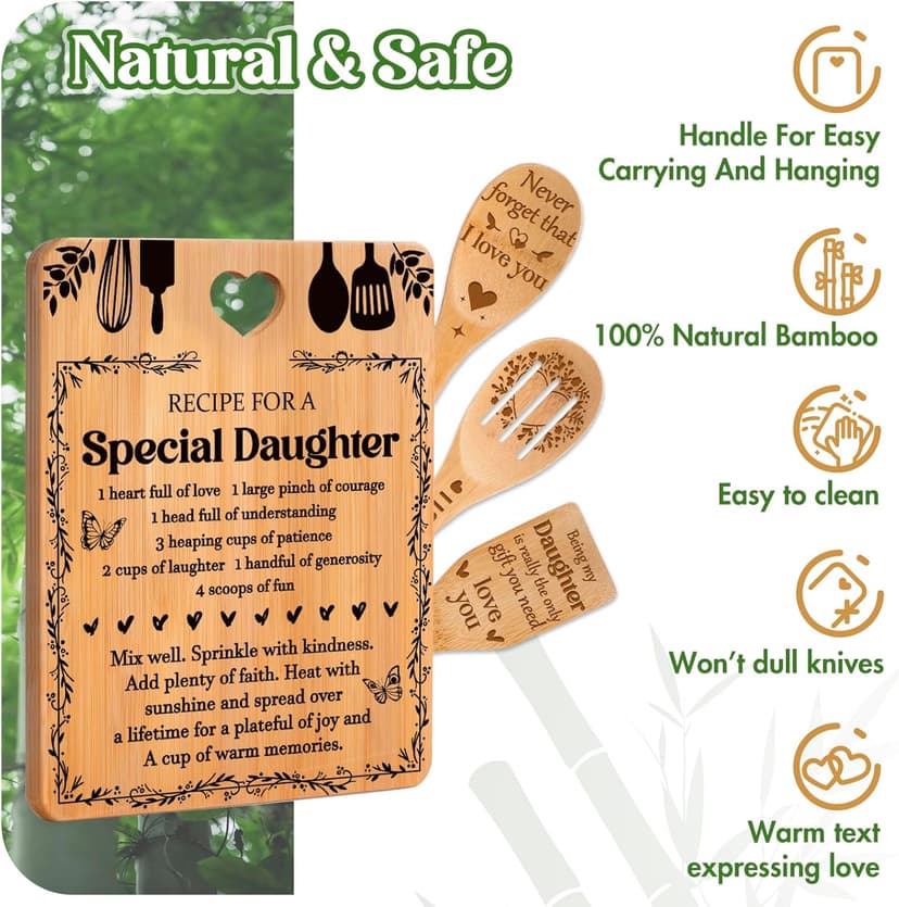 Christmas Gifts for Daughter - "Recipe for a Special Daughter" Daughter Birthday Gifts Cutting Board Set, Bamboo-Made Engraved Utensil Set Birthday Gifts for Daughter, Daughter Christmas Gifts
