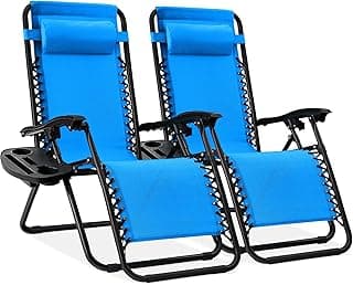 Best Choice Products Set of 2 Adjustable Steel Mesh Zero Gravity Lounge Chair Recliners w/Pillows and Cup Holder Trays - Light Blue