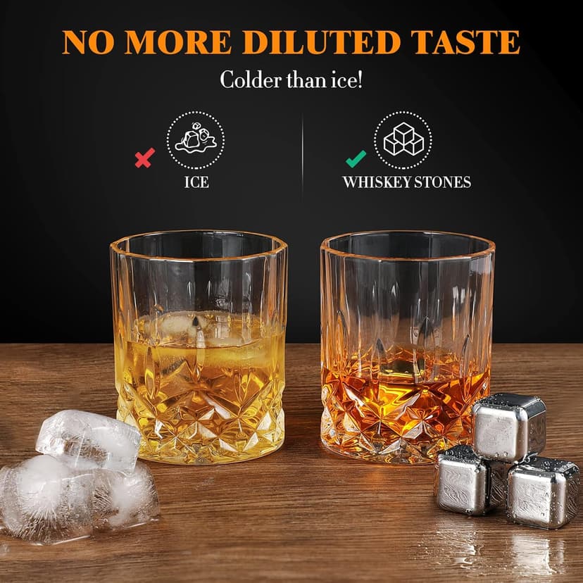 Whiskey Stones Gift Set Anniversary Gi fts for Husband | Him | Men, Husband Birthday | Wedding Anniversary | Valentine's Day Gift, 8 Stainless Steel Whiskey Stones & 2 Whiskey Glasses(11oz)