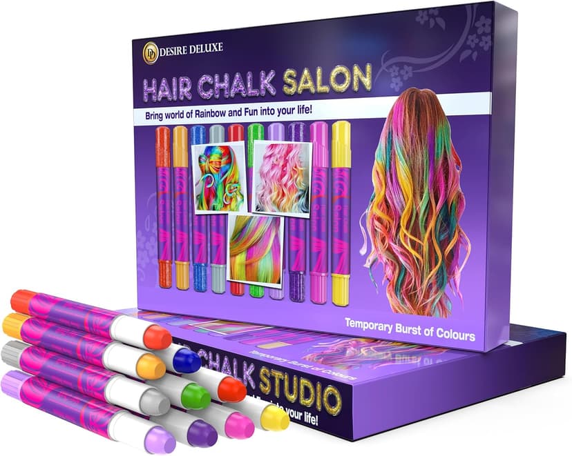 Desire Deluxe Hair Chalk for Girls Makeup Kit of 10 Temporary Colour Pens Gifts, Great Toy for Kids Age 5 6 7 8 9 10 11 12 13 Years Old, "Blue,Green,Grey,Pink,Purple