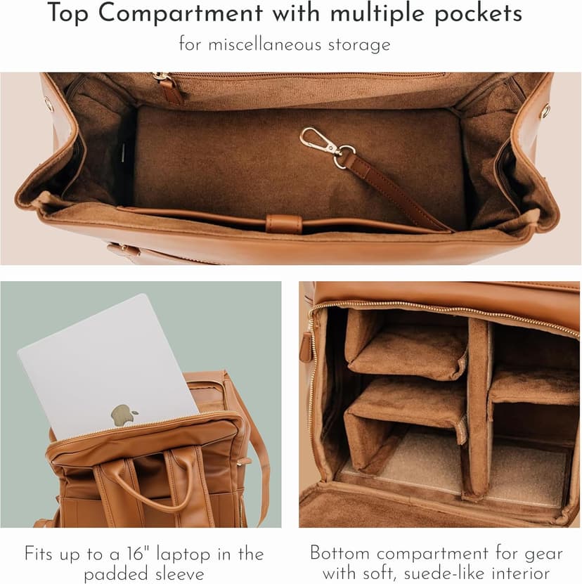 Ruby Camera Backpack – Sleek, Durable Vegan Leather Bag with Gear Dividers, Laptop Compartment, and Side Access for Cameras & Gear, Brown