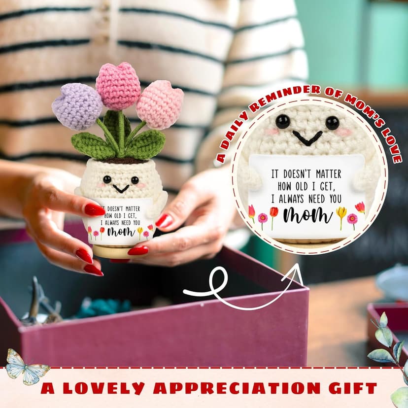 Gifts for Mom from Daughter Son - Cute Christmas, Mothers Day, Birthday Gifts for Moms - 5.51'' x 4.13'' Knitted Positive Tulip Flowers Mom Crochet Doll