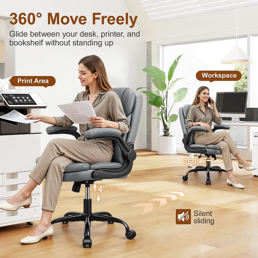 Leather Office Chair, Upgraded PU Computer Desk Chairs with Double-Layer Seat Cushion and Neckrest, 360°Swivel, Ergonomic Small Gaming Chair with Wheels and Adjustable Armrests for Short People, Grey