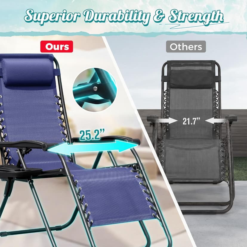 Homall Zero Gravity Chair Patio Folding Lawn Outdoor Lounge Gravity Camp Reclining Lounge Chair with Cup Holder Pillows for Poolside Backyard and Beach Set of 2 (Blue)