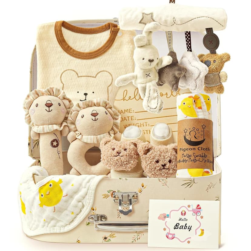 Golray 9pcs Newborn Baby Gift Baskets for Boys Girls Baby Shower, 2 Rattle/Seat Hang Toy/Blanket/Bodysuit/Bib/ 3D Socks/Wood Milestone/Carry Box, Neutral New Born Essential Stuff Unisex Baby Gifts Boy B0DL9ZDMC1