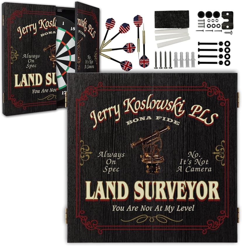 Personalized Dart Board Cabinet Set with 6 Steel Tip Darts, Paper Fibre Dartboard, Chalk & Eraser (21.5 x 21.5 x 2.75") - Occupational Man Cave Dart Boards for Adults - Land Surveyor (412)