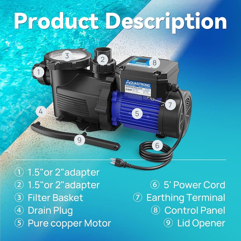 AQUASTRONG In/Above Ground Pool Pump, High Flow (Dual Speed with Timer, 2HP, 115V, 5186 GPH)